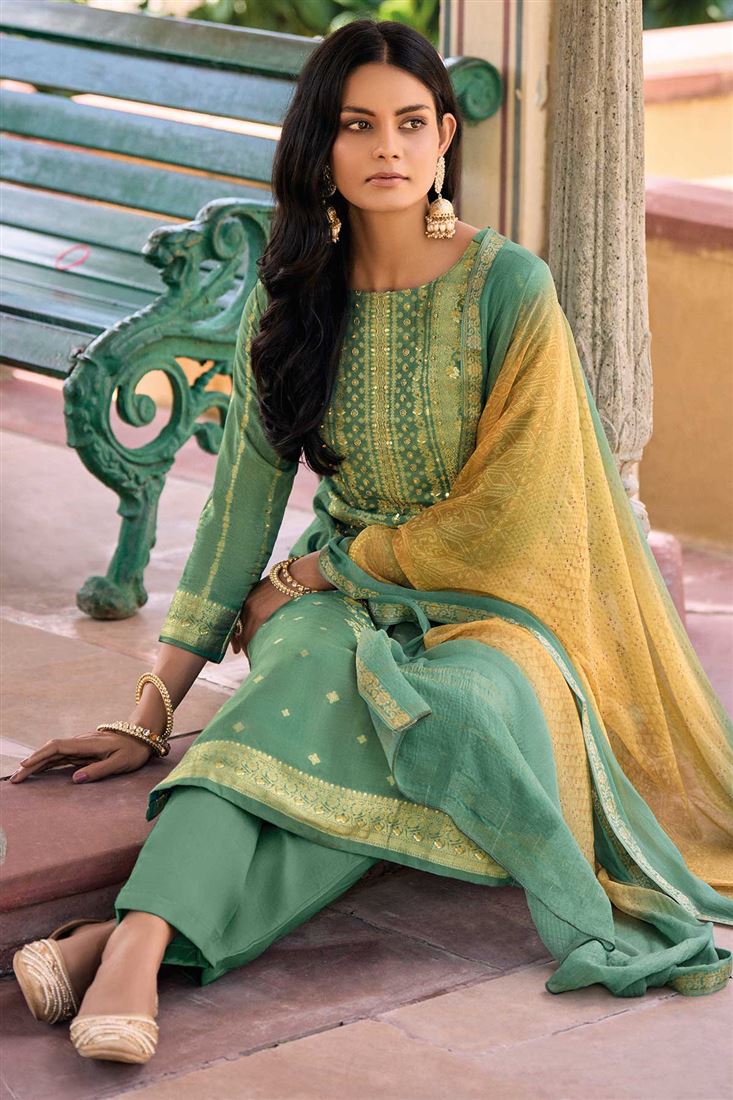 Amazing Sea Green Jacquard Dress with Khatli Work