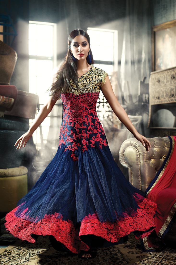 BLUE INDO -WESTERN GOWN WITH RED GOLDEN EMBROIDERY