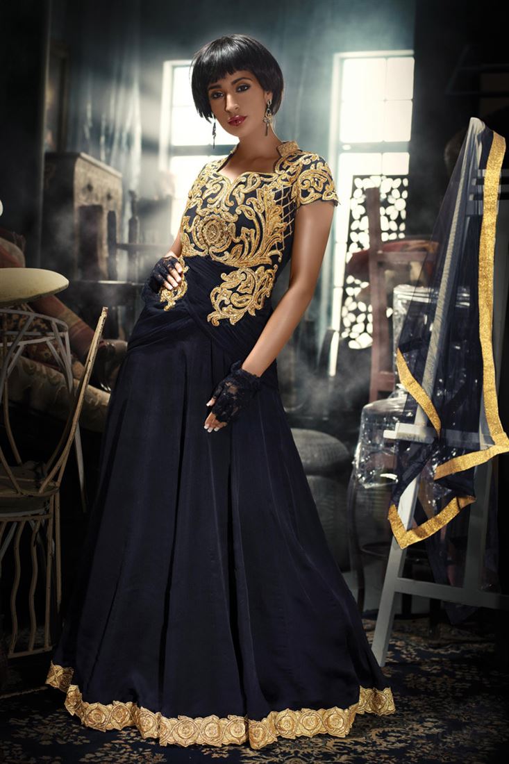 CUTWORK STYLE GOLDEN EMBROIDED YOKE IN BLACK COLOR