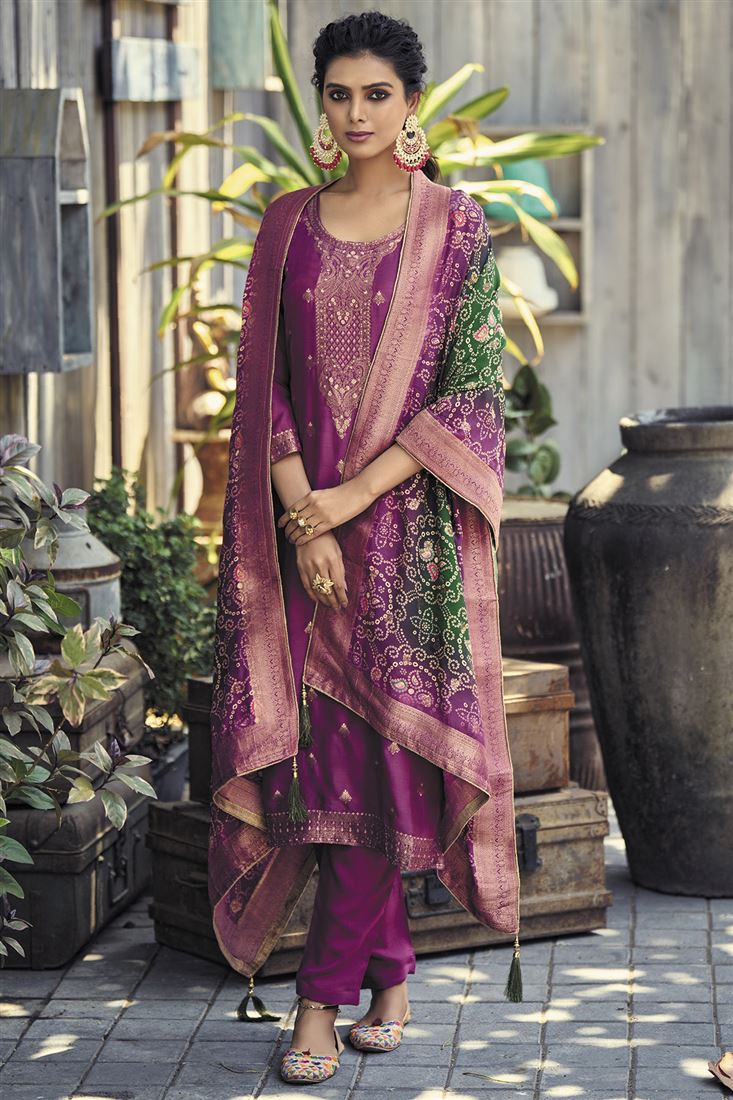 Ethnic Purple Colour Jacquard Silk Salwaar Kameez