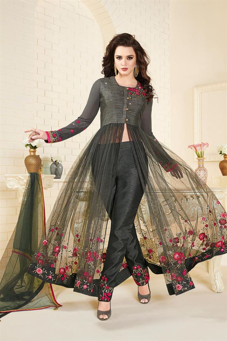 Grey Color Silk And Net Occasion Wear Salwar Suit