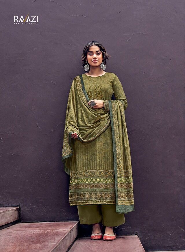 Pashmina Digital Print Dress In Mehendi Colour Wit