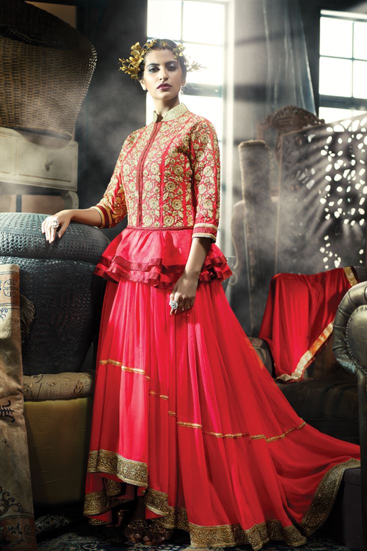 RED PAPLON STYLE INDO-WESTERN GOWN