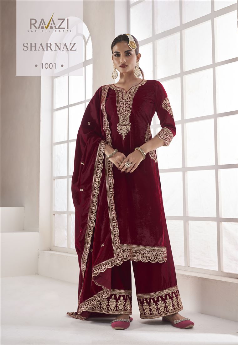 Red Colour Zari Work Fancy Velvet Suit