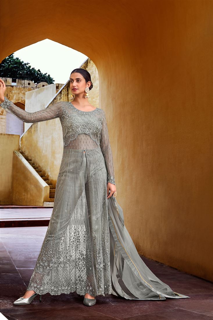 Adorable Wedding Wear Grey Colour Dress on Soft Ne