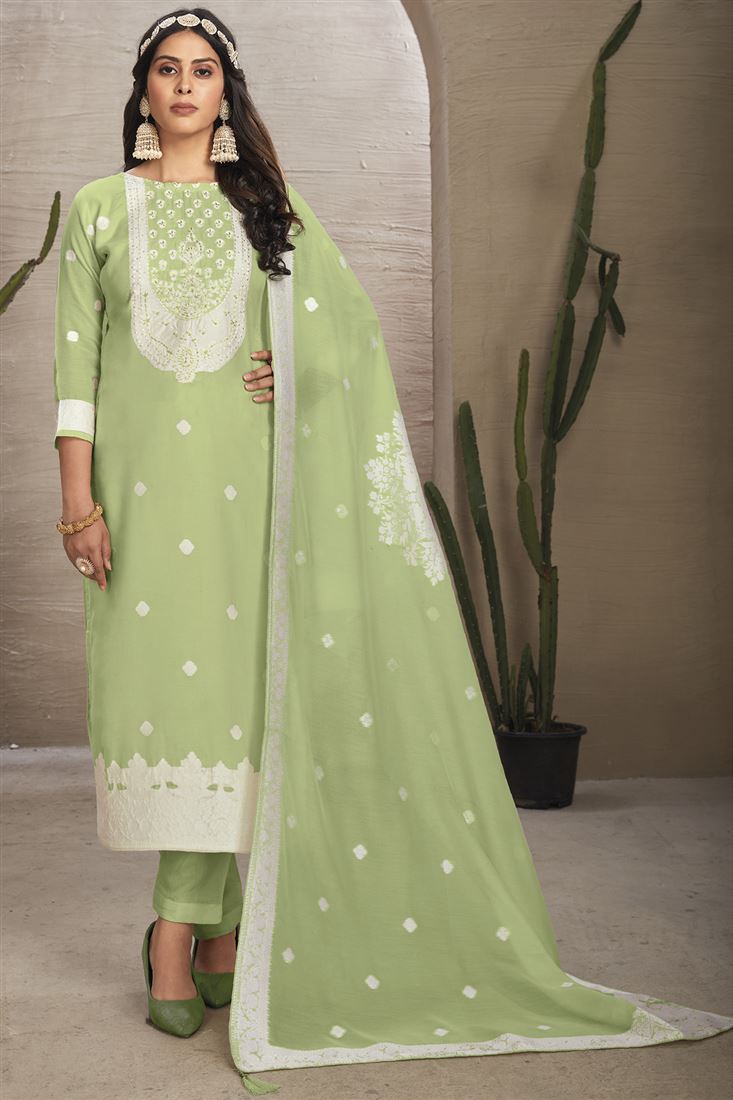 Amazing Green Colour Organic Fabric Suit