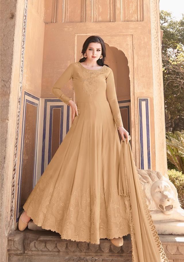 Beautiful Beige Salwaar Kameez in Soft Net for Fes