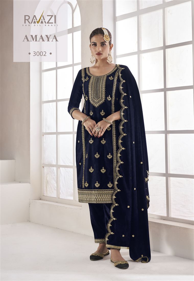 Blue Colour Zari Work Fancy Velvet Suit