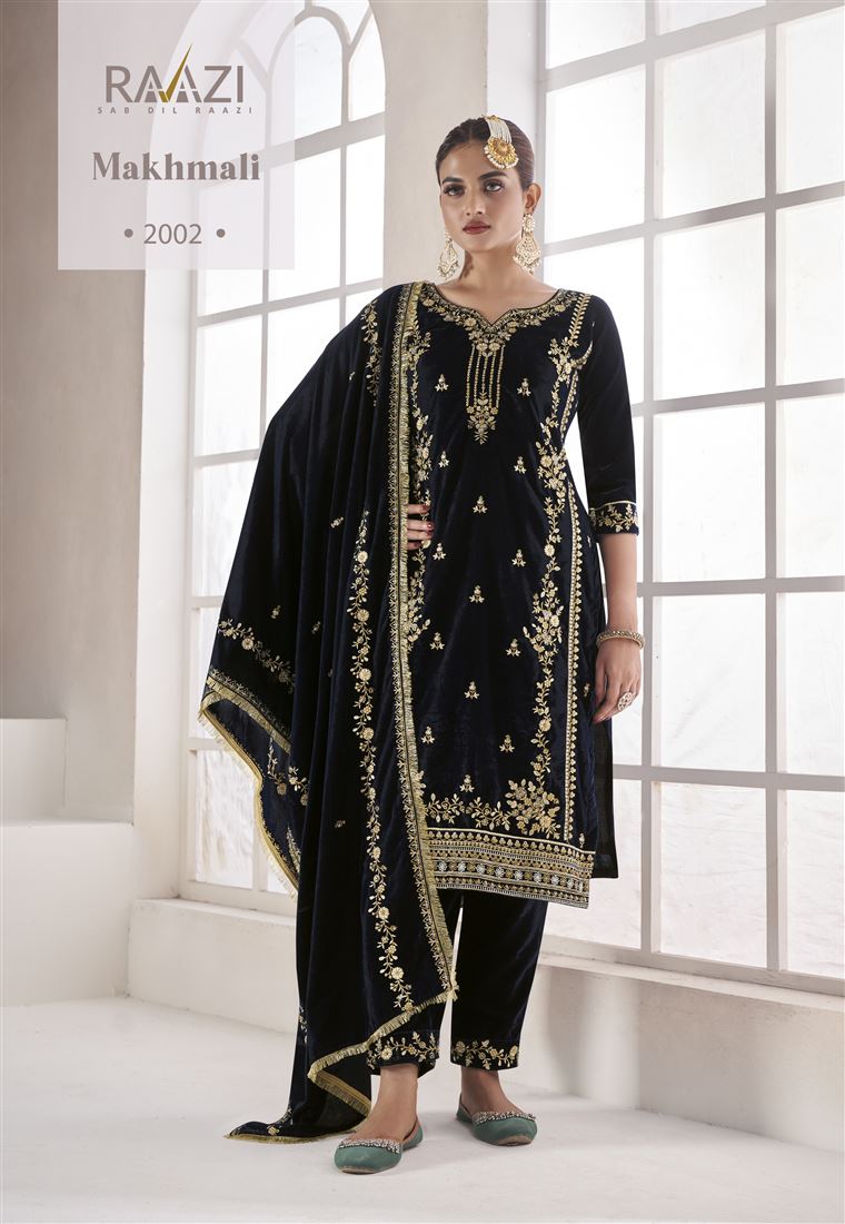 Blue Colour Zari Work Fancy Velvet Suit