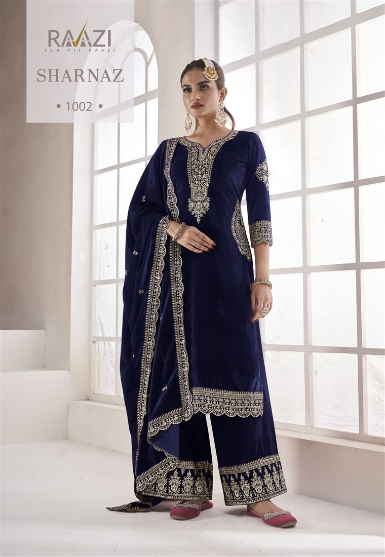 Blue Colour Zari Work Fancy Velvet Suit