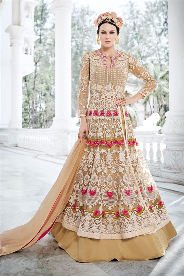 Designer Beige Color Net Festive Wear Salwar Suit