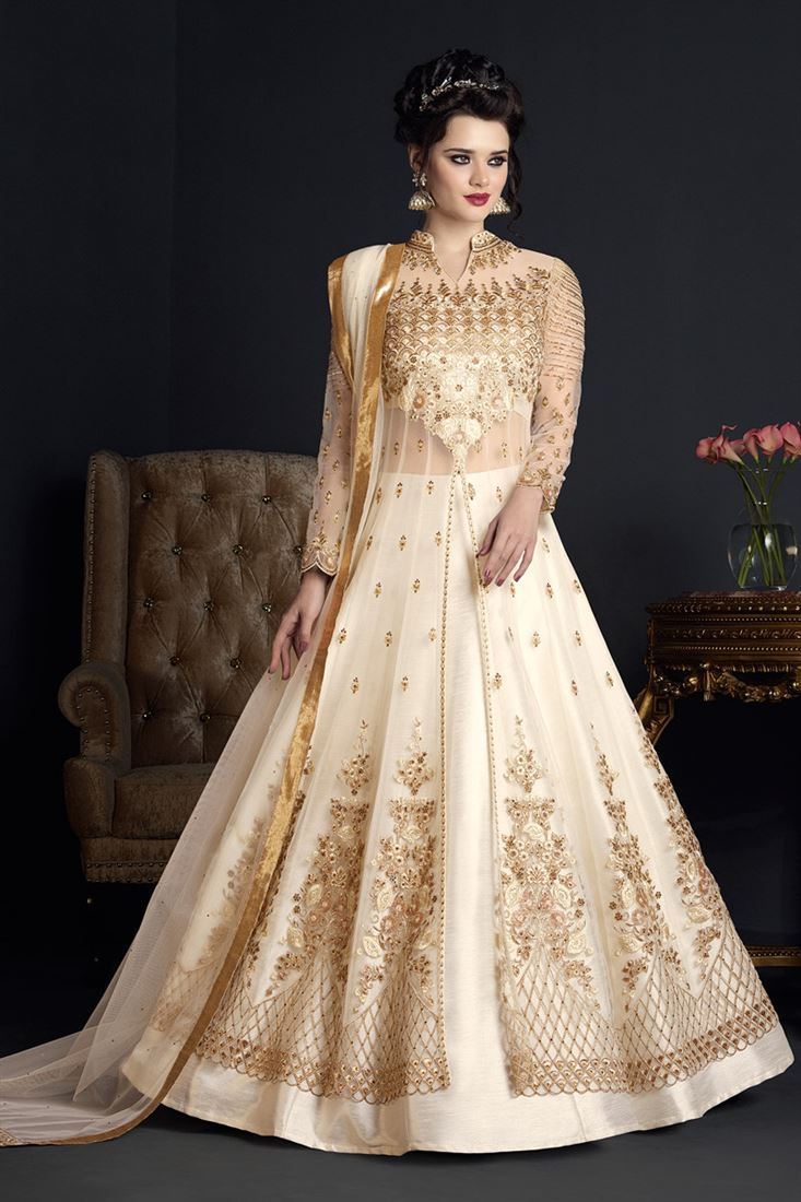 Designer Cream Color Net Festive Wear Salwar Suit