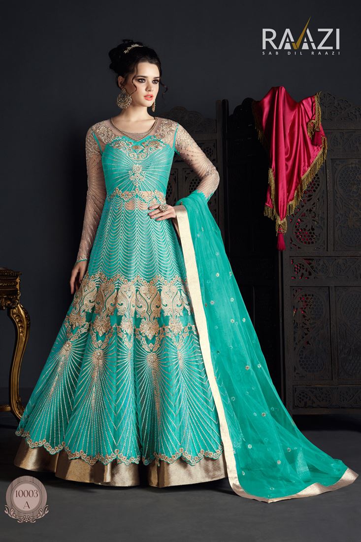 Designer Cyan Color Net Festive Wear Salwar Suit