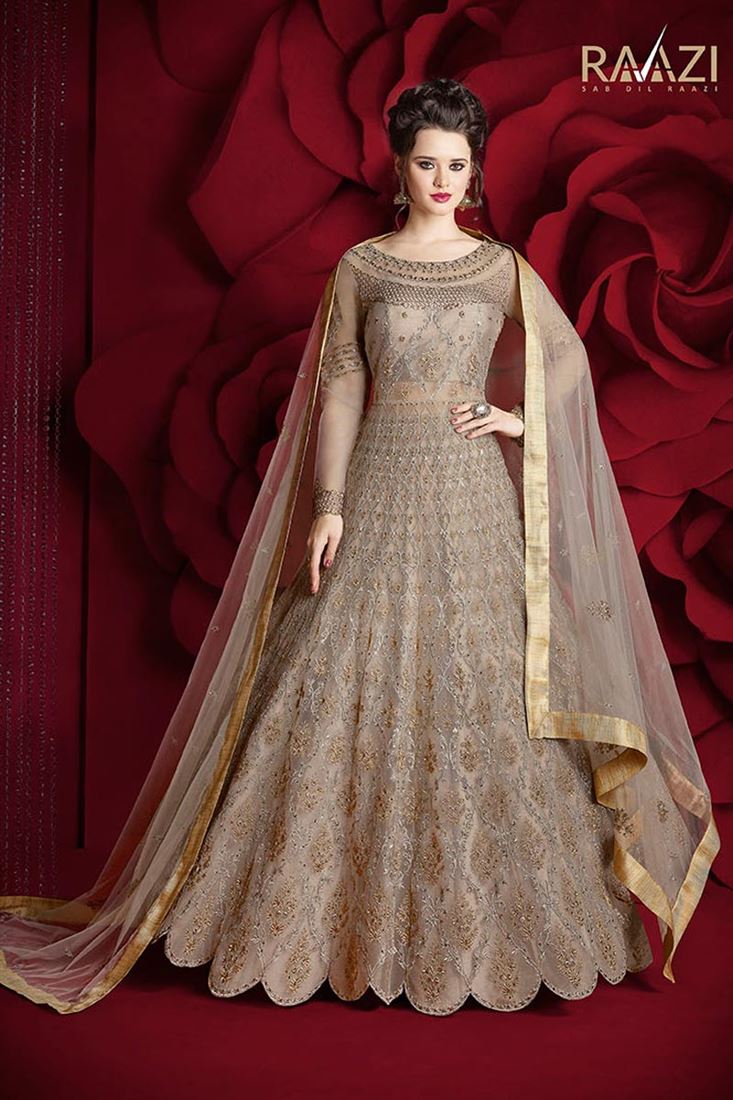 Designer Fancy Net Beige Color Sawar Kameez