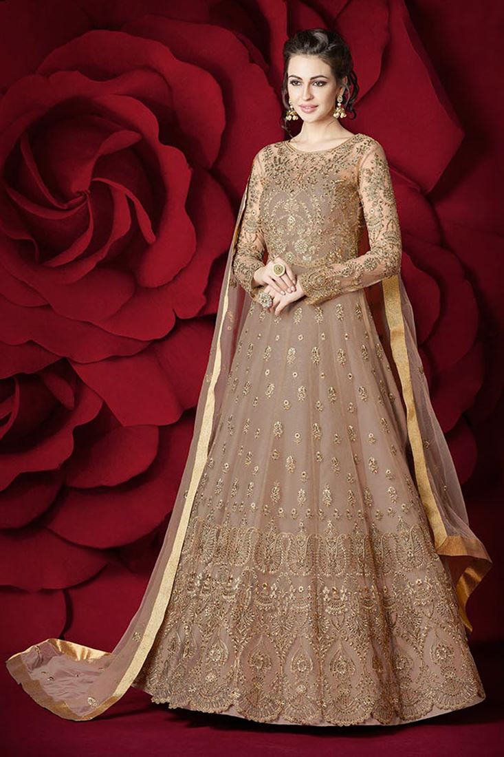 Designer Stylish Net Beige Color Sawar Kameez