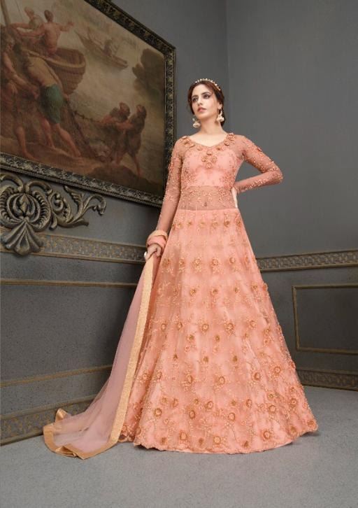 Elegant Peach Colour Dress With Heavy Floral Embro