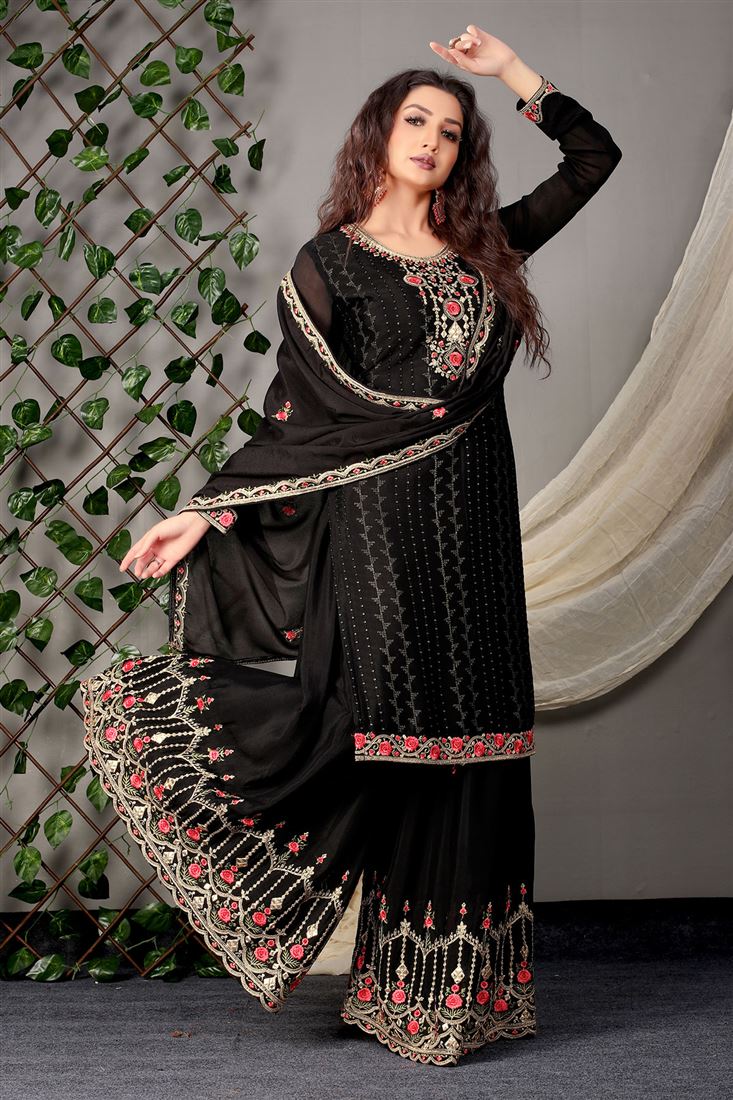 Ethnic Black Chinnon Heavy Embroidered Dress