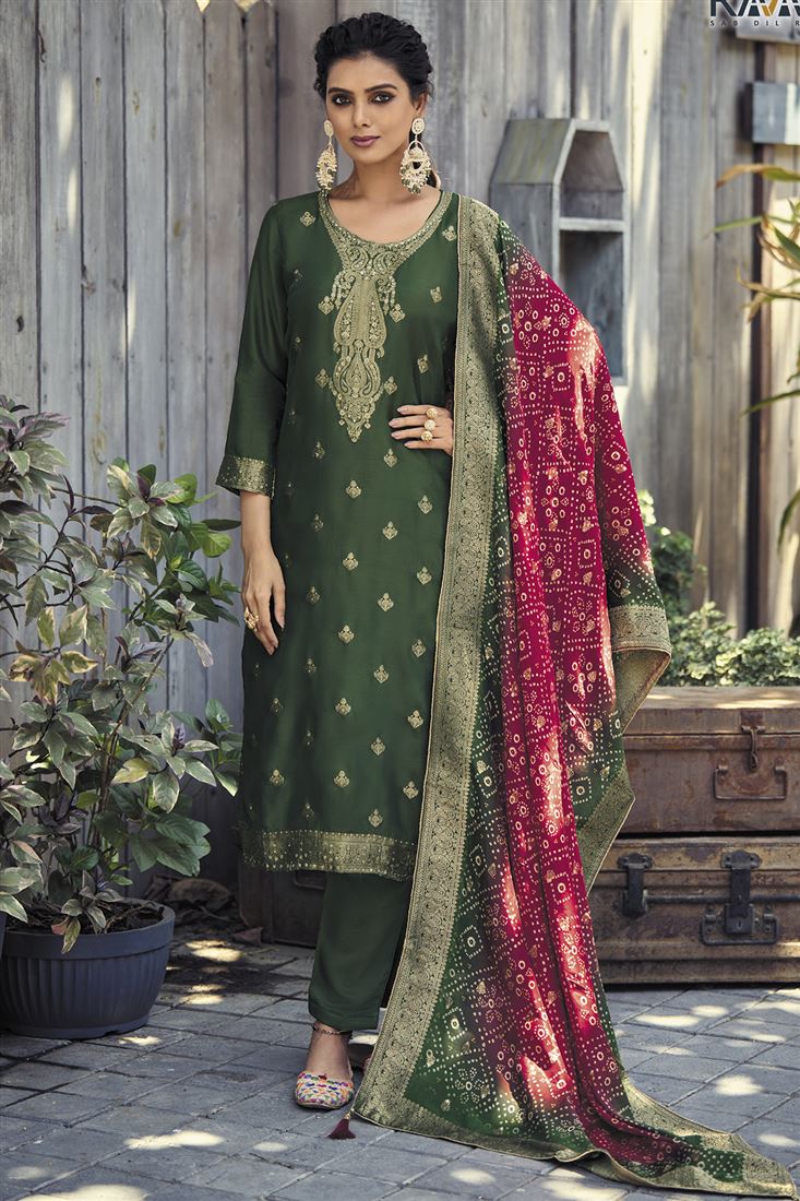 Ethnic Green Colour Jacquard Silk Salwaar Kameez