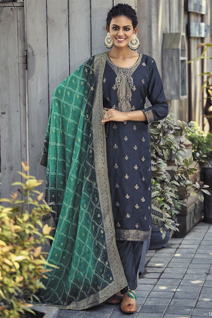 Ethnic Grey Colour Jacquard Silk Salwaar Kameez