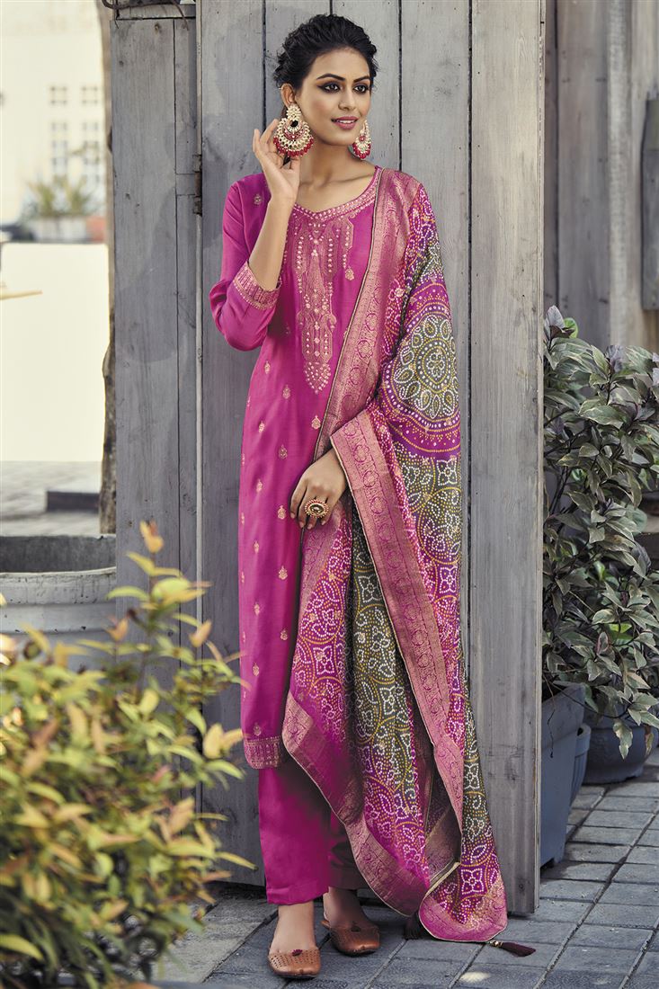 Ethnic Pink Colour Jacquard Silk Salwaar Kameez