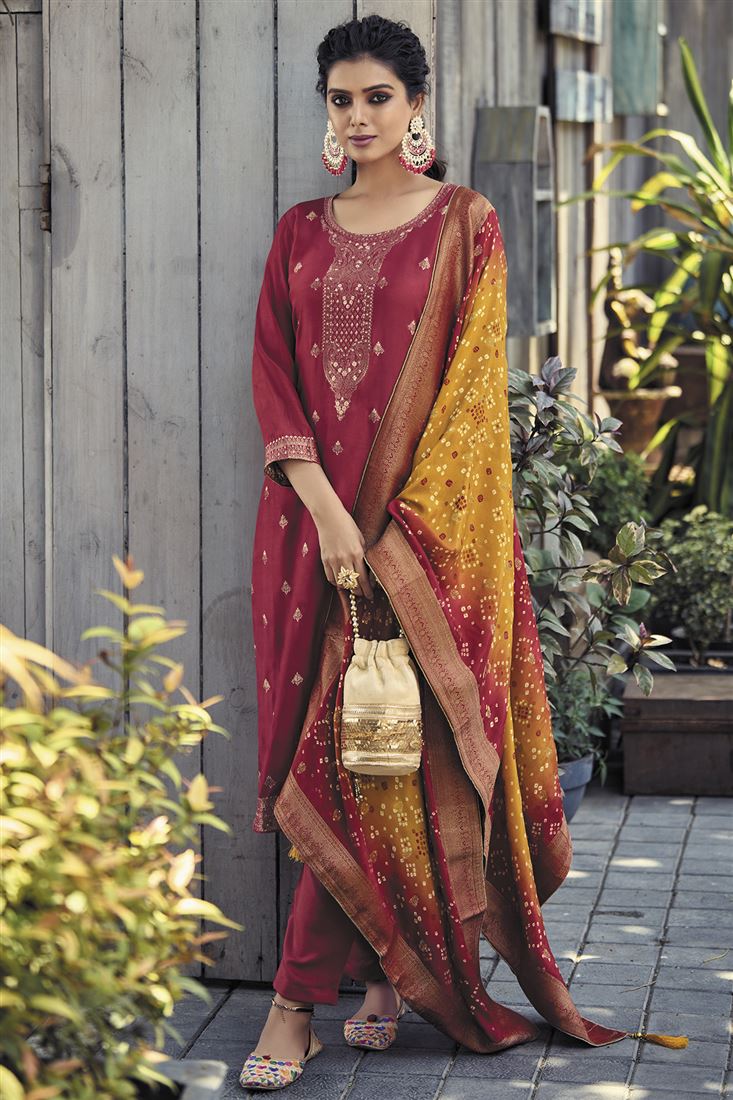 Ethnic Red Colour Jacquard Silk Salwaar Kameez