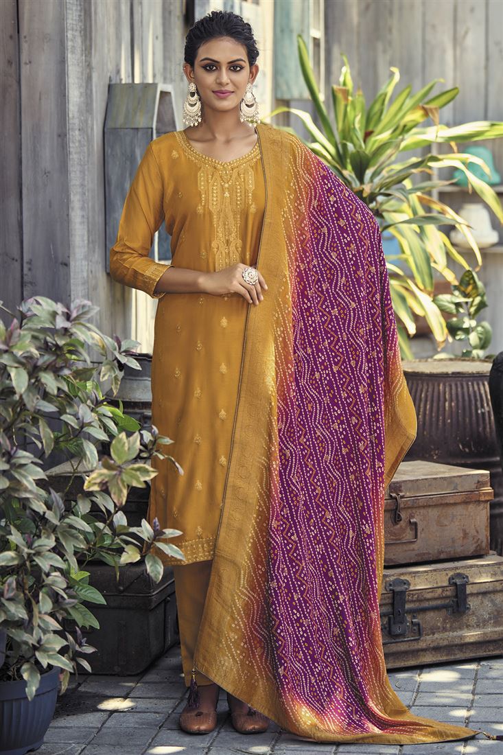 Ethnic Yellow Colour Jacquard Silk Salwaar Kameez