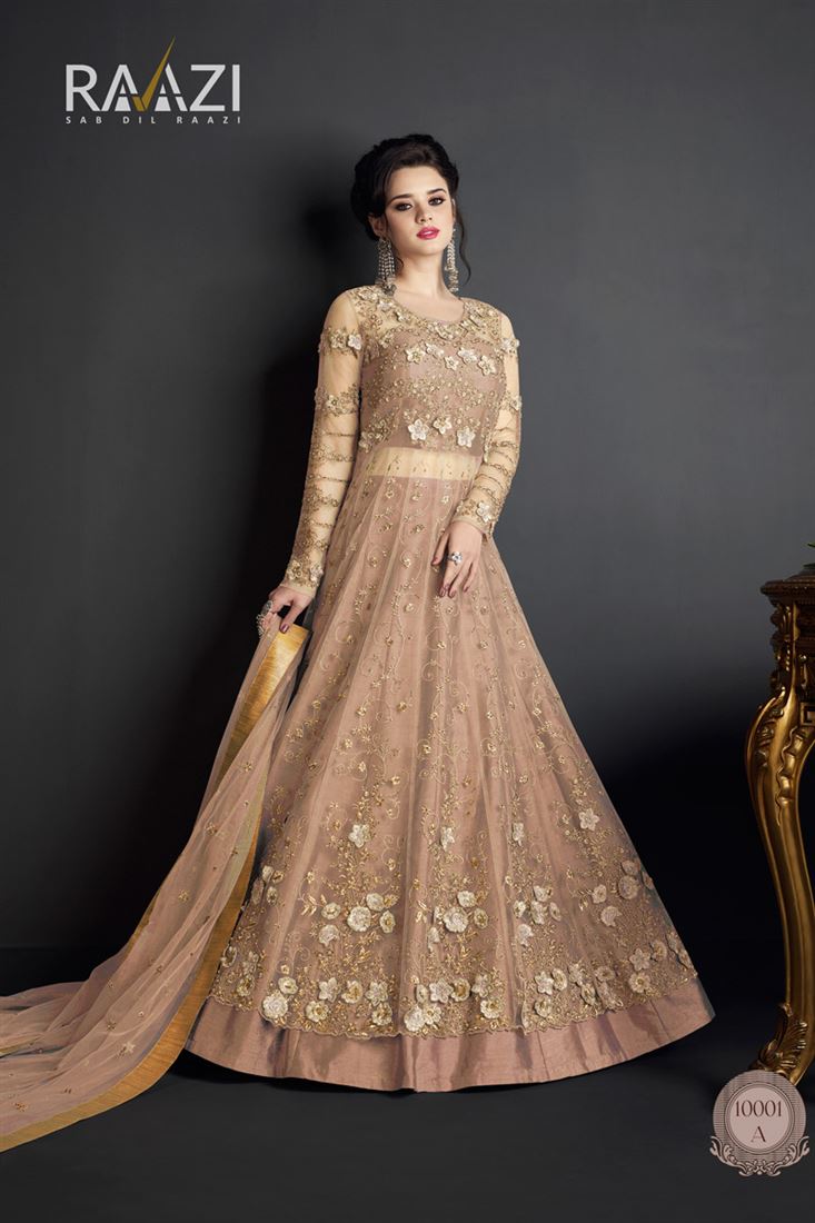 Fancy Work Peach Color Party Wear Net Salwar Suit