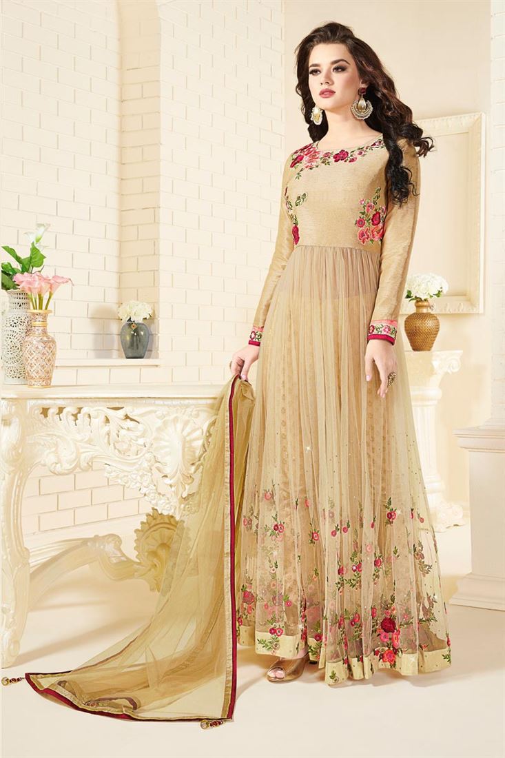 Festive Wear Beige Color Silk And Net Dress