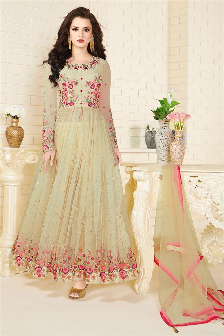 Cream color heavy embroidered net party wear gown dress – Kasturi Creations