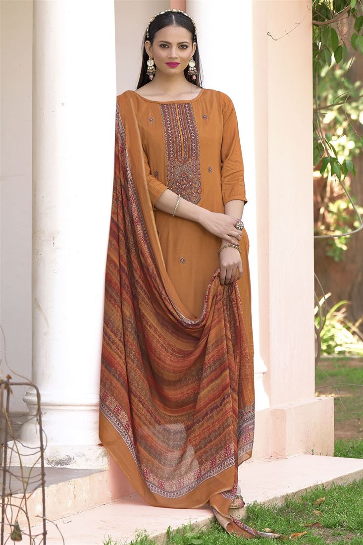 Girlish Brown Colour Embroidered Dress On Musleen 