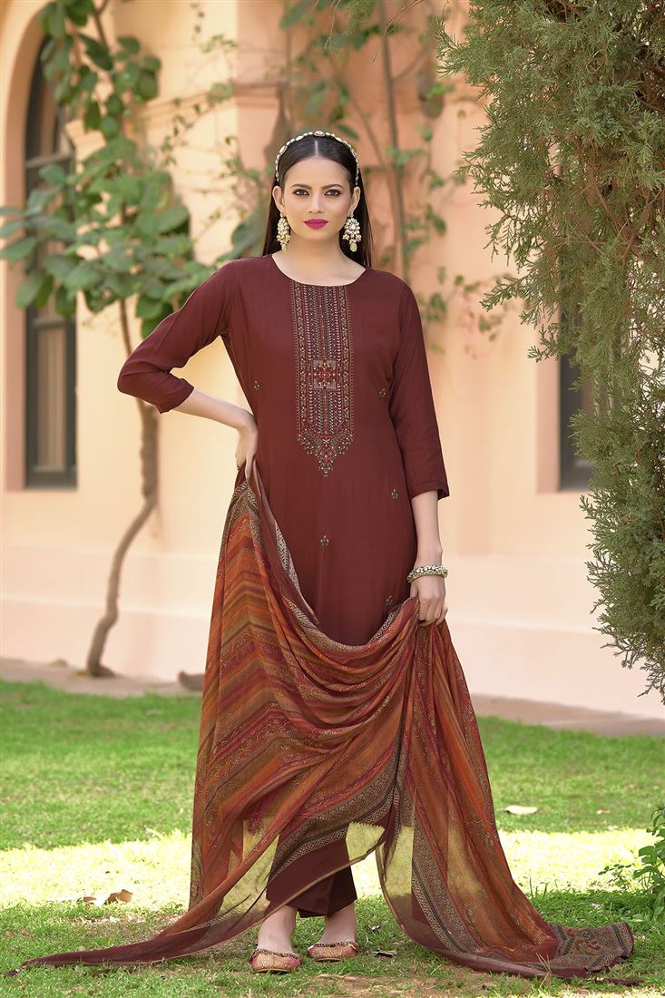 Girlish Maroon Colour Embroidered Dress On Musleen