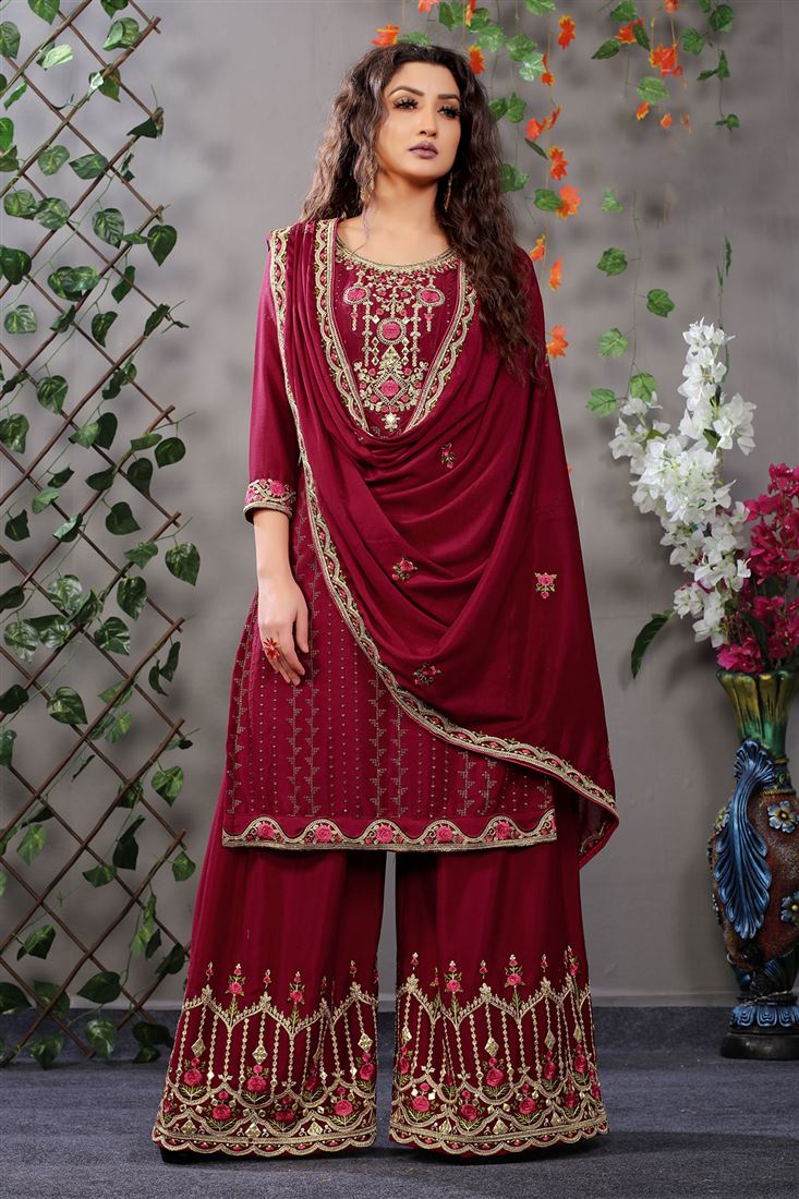 Girlish Maroon Colour Heavy Plazzo Dress