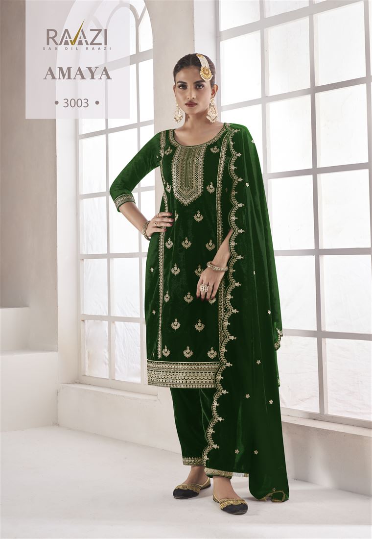 Green Colour Zari Work Fancy Velvet Suit