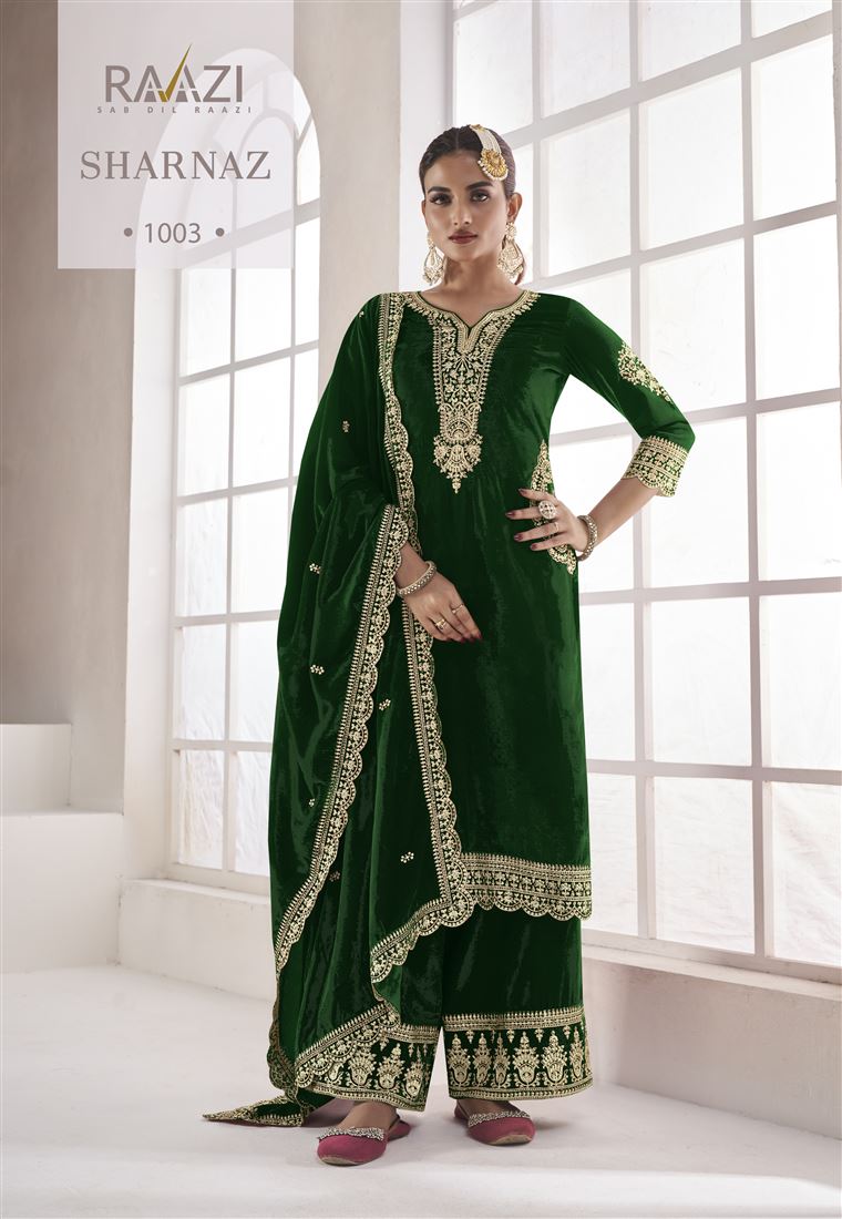 Green Colour Zari Work Fancy Velvet Suit