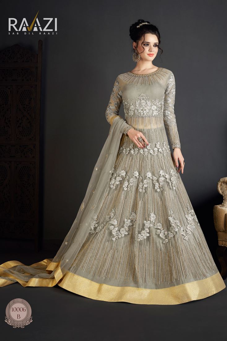 Grey Color Net Fabric Party Wear Salwar Kameez