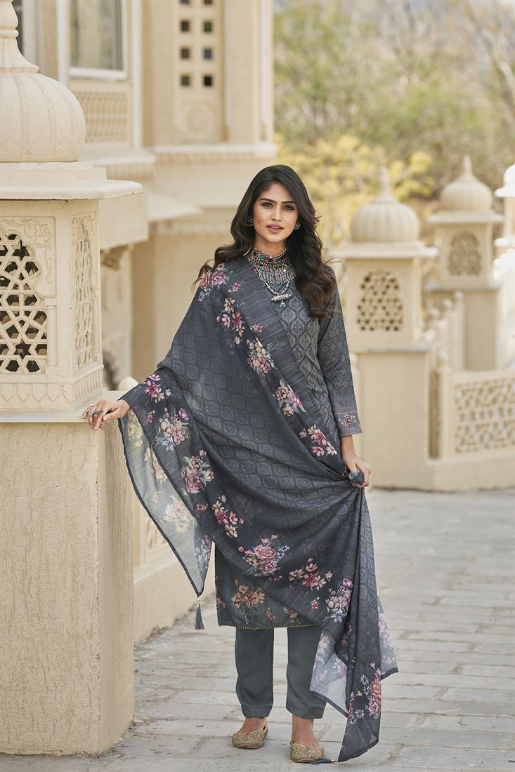 Grey Colour Cotton Traditional Partywear Suit