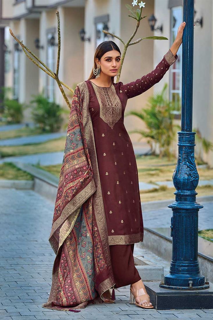 Maroon Colour PartyWear Dress In Soft Jacquard