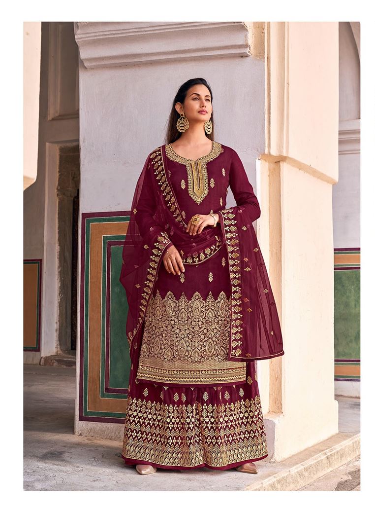 Maroon Dola Jacquard Salwaar Kameez