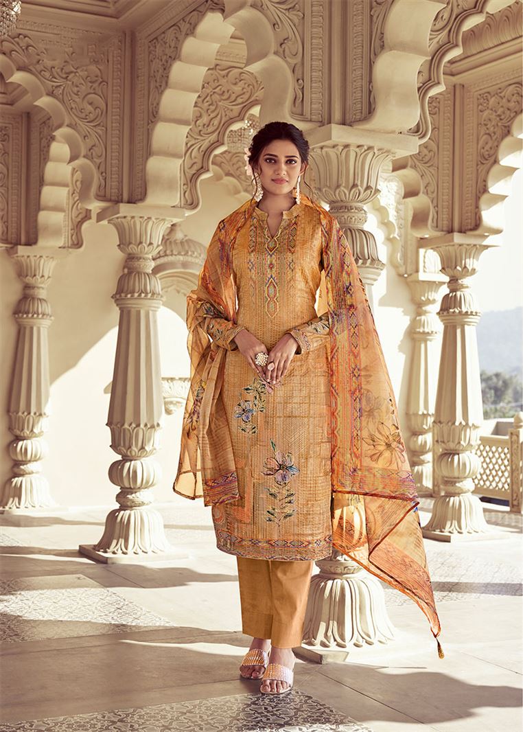 Mustard Colour Crochet Sequence Embroidered Suit