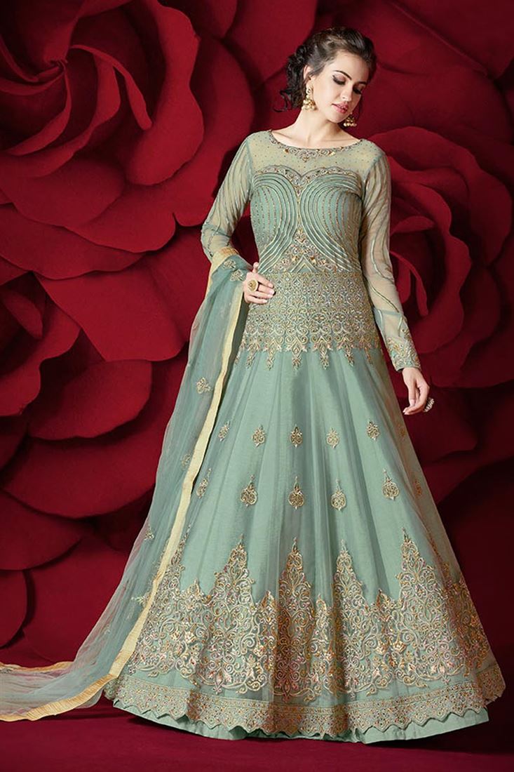 Net Fabric Cyan Color Wedding Wear Sawar Kameez