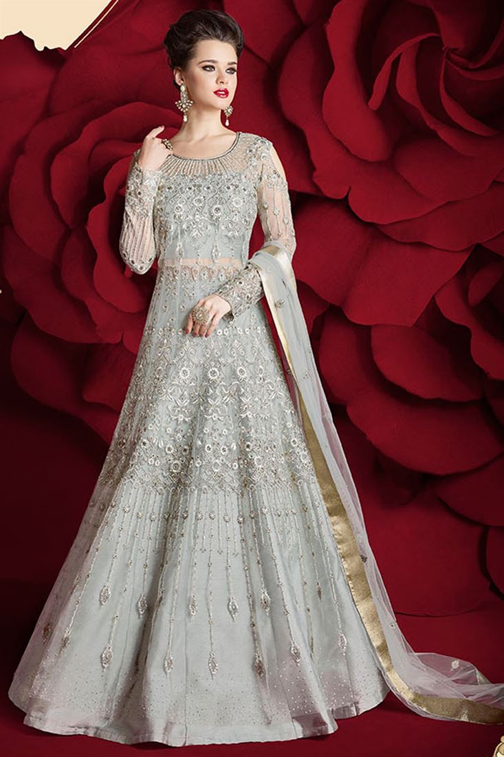 Net Fabric Grey Color Festive Wear Sawar Kameez