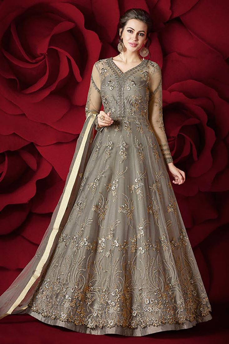 Net Fabric Grey Color Wedding Wear Sawar Kameez