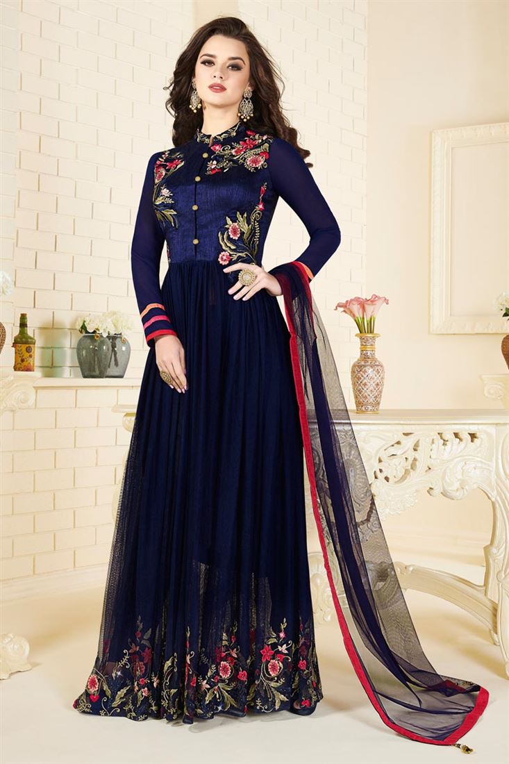 Party Wear Blue Color Designer Silk And Net Salwar