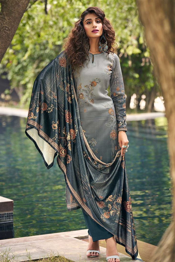 Pashmina Digital Print Dress In Teal Blue Colour