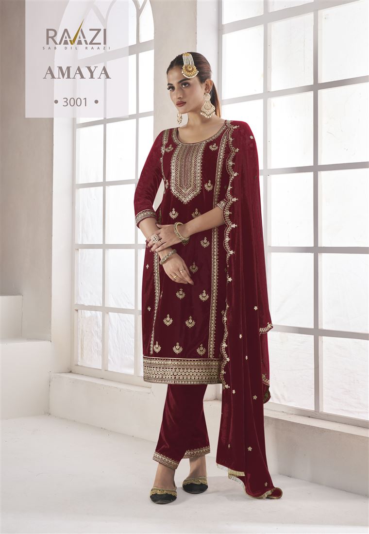 Red Colour Zari Work Fancy Velvet Suit