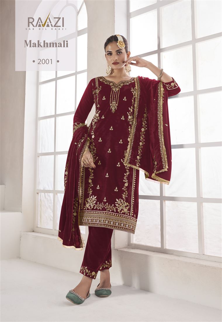 Red Colour Zari Work Fancy Velvet Suit