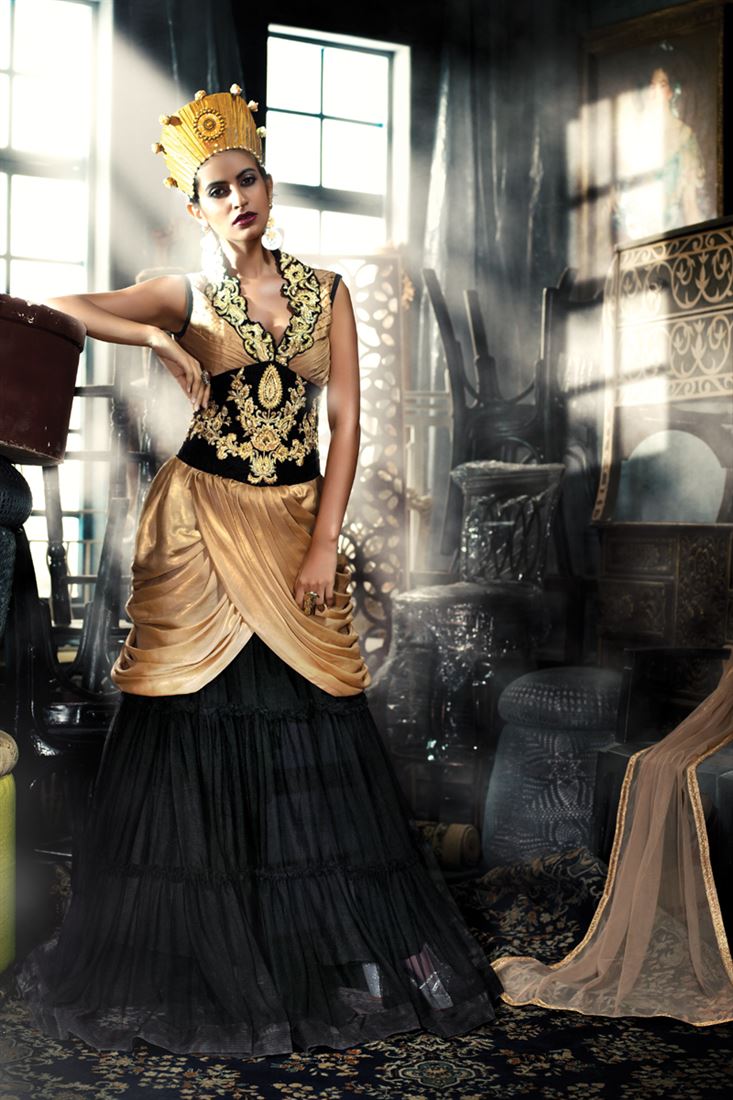 STYLISH GOLDEN BLACK GOWN IN GEORGETTE SATIN