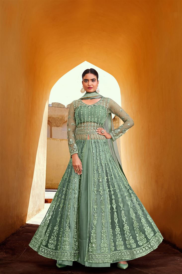 Crystal Stone Work Soft Premium Net Wedding Wear Readymade Gown In Green  Color