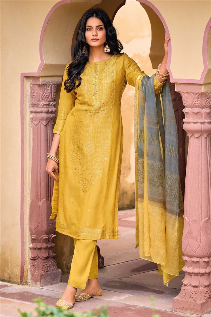 Stylish Yellow Pure Woven Silk Jacquard Dress