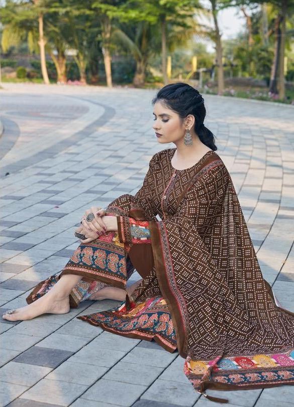 Traditional Brown Bandhej Dress for Festive Season